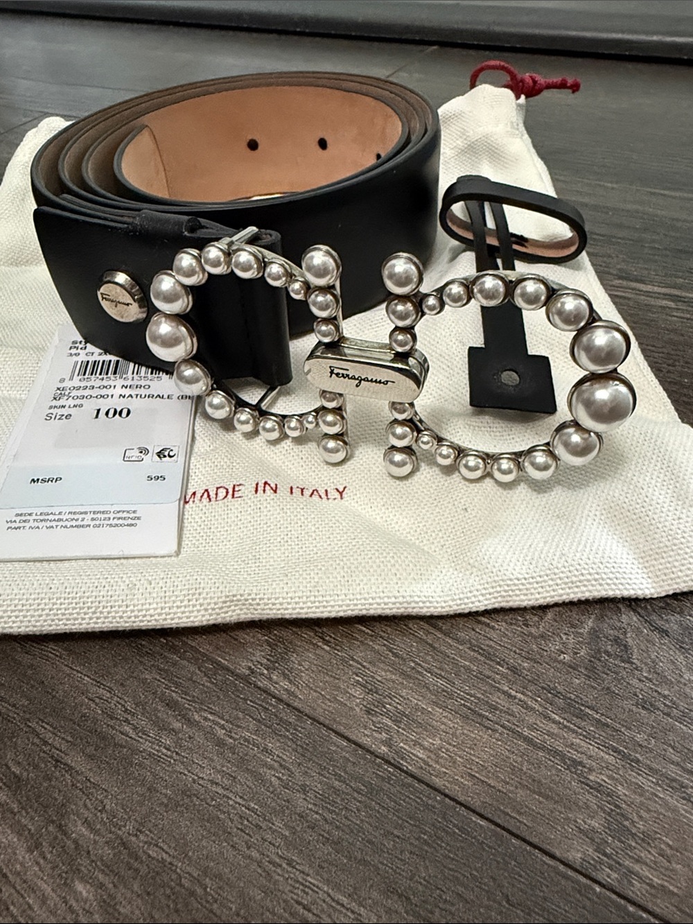 Salvatore Ferragamo Black Leather Pearl-Embellished Belt